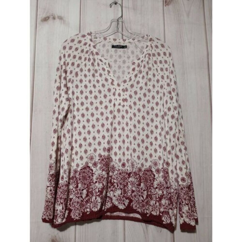 Max Jeans Burgundy Floral Print V Neck Long Sleeve Tunic Top Womens L